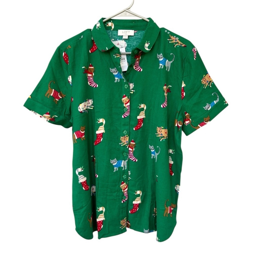 NWT The LOFT Cat Kittens Christmas Pajama Top - Size Medium - Green